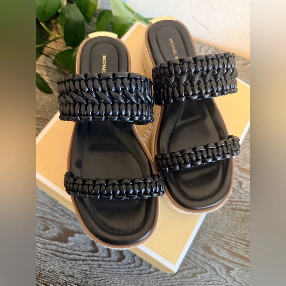 Michael Kors Black Braided Double-Strap Platform Slides
